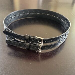 Ralph Lauren Black Double-Strap Croc-Embossed Leather Belt with silver hardware